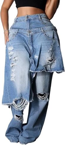 بنطلون جينز نسائي فضفاض ممزق عالي الخصر y2k غير منتظم مرقع مستقيم وواسع الساق من قماش الدنيم المتوتر in Kuwait