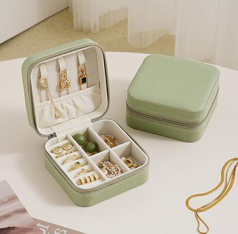 Mini Jewelry Travel Case, Small Portable Jewellery Storage, PU Leather Travel Jewelry Organizer Box, for Women, Girls, Wedding, Birthday, 3.74x3.74x1.92 In (Green) in Saudi Arabia