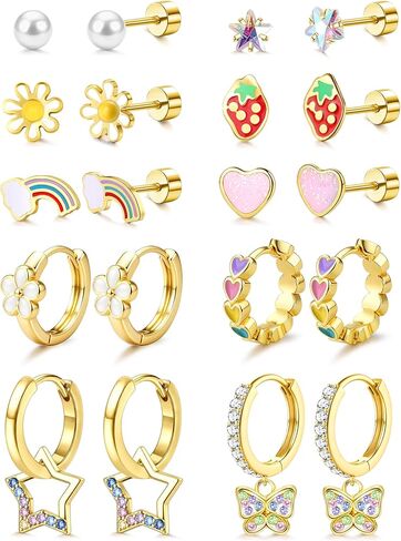 LOLIAS Hypoallergenic Earrings for Girls Flat Back-Stainless Surgical Steel Earrings for Sensitive Ears Women Cute Hoops Flatback Studs Screw Back Toddler Kids Teen Girls Earrings Jewelry in Saudi Arabia