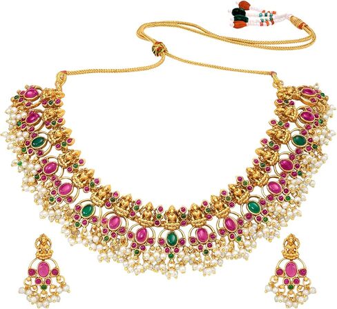 Aheli Bridal Lariya Pearl Kundan Bharatanatyam jewellery set with Temple Design Gift for Women in Saudi Arabia
