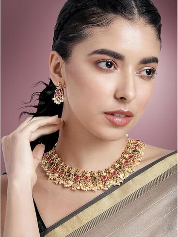 Aheli Bridal Lariya Pearl Kundan Bharatanatyam jewellery set with Temple Design Gift for Women in Saudi Arabia