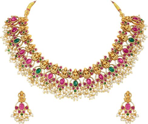 Aheli Bridal Lariya Pearl Kundan Bharatanatyam jewellery set with Temple Design Gift for Women in Saudi Arabia