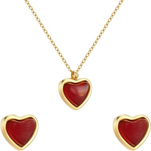 DEYOUM Red Heart Necklaces Earrings Set for Women Chic Gold Silver Crystal Heart Love Pendant Necklace Stud Earrings Valentines Day Holiday Party Jewelry Gifts in Saudi Arabia