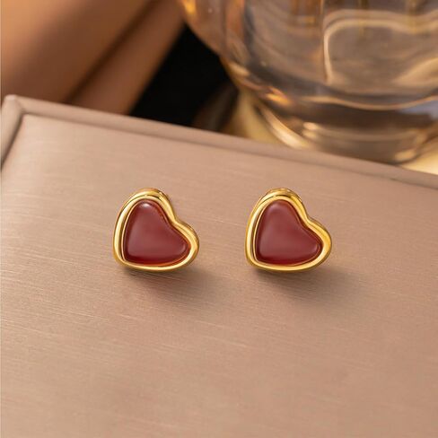 DEYOUM Red Heart Necklaces Earrings Set for Women Chic Gold Silver Crystal Heart Love Pendant Necklace Stud Earrings Valentines Day Holiday Party Jewelry Gifts in Saudi Arabia