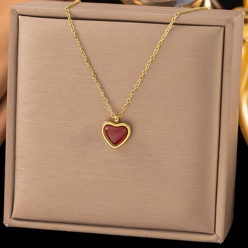 DEYOUM Red Heart Necklaces Earrings Set for Women Chic Gold Silver Crystal Heart Love Pendant Necklace Stud Earrings Valentines Day Holiday Party Jewelry Gifts in Saudi Arabia