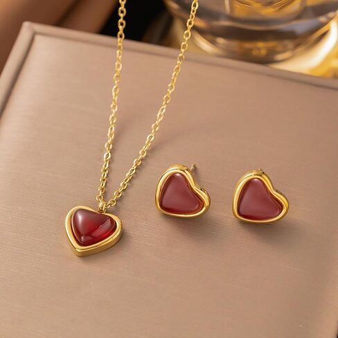 DEYOUM Red Heart Necklaces Earrings Set for Women Chic Gold Silver Crystal Heart Love Pendant Necklace Stud Earrings Valentines Day Holiday Party Jewelry Gifts in Saudi Arabia