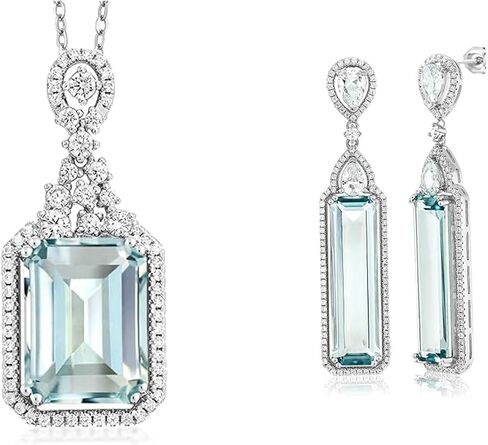 مجموعة أقراط متدلية من Gem Stone King مقلدة من الزبرجد على طراز آرت ديكو وقطع الزمرد مقاس 14 × 10 مم من الفضة الإسترليني عيار 925 | مع سلسلة فضية 18 بوصة | مجموعة مجوهرات للنساء in Saudi Arabia