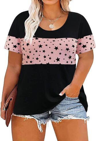 RITERA Plus Size Tops for Women Raglan Color Block Stripe Tunic Leopard Summer Short Sleeve Round Neck Henley Shirt Oversized Ladies Blouse 3X 3XL 22W 24W in Kuwait