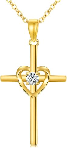 FLORASOFIA 14K قلادة صليب من الذهب الصلب للنساء، قلادة صليب من الذهب الأصفر مع مجوهرات على شكل قلب تأكيد المعمودية الدينية هدية عيد الميلاد 18 بوصة in Saudi Arabia