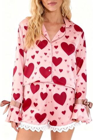 Argeousgor Christmas Pajamas for Women Bow Tie Long Sleeve Shirt Shorts Satin Silk Funny Graphic 2 Piece Pjs Set Sleepwear in Kuwait