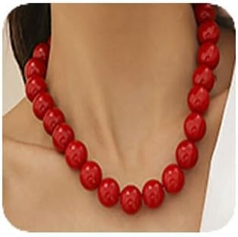 wekicici Single Strand Red Beads Necklace Gothic Black Red Round Ball Chain Necklace Vintage16mm Beaded Strand Collar Jewelry Chunky Pearl Choker Necklace for Women in Saudi Arabia
