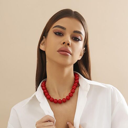 wekicici Single Strand Red Beads Necklace Gothic Black Red Round Ball Chain Necklace Vintage16mm Beaded Strand Collar Jewelry Chunky Pearl Choker Necklace for Women in Saudi Arabia
