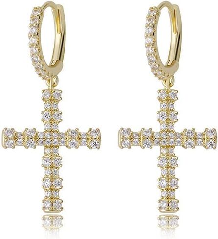 14K Gold over S925 Sterling Silver Charm Cross Earrings with Moissanite, Elegant Dangle & Drop Design, Beautiful Gift for Her in Saudi Arabia