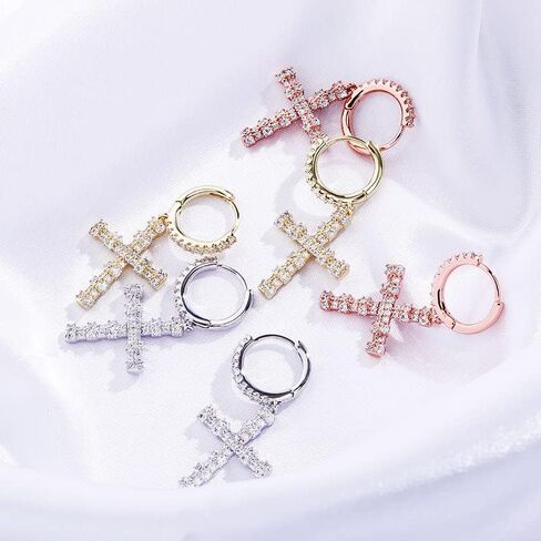 14K Gold over S925 Sterling Silver Charm Cross Earrings with Moissanite, Elegant Dangle & Drop Design, Beautiful Gift for Her in Saudi Arabia
