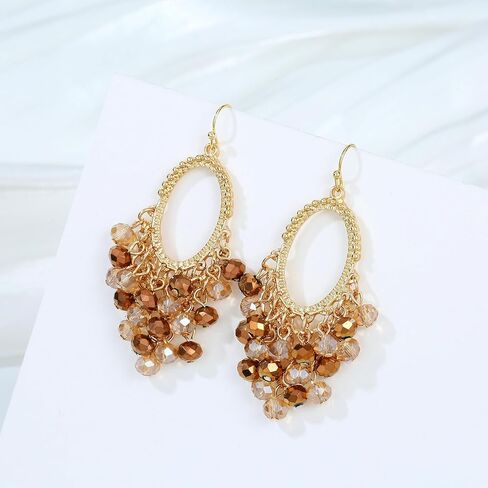 Xalroco Gold/Silver Oval Shape Dangle Earrings with Colorful Tier Beads, Vintage Handmade Geometric Drop Earrings with Crystal Beads Cluster Jewelry Gift for Women in Saudi Arabia