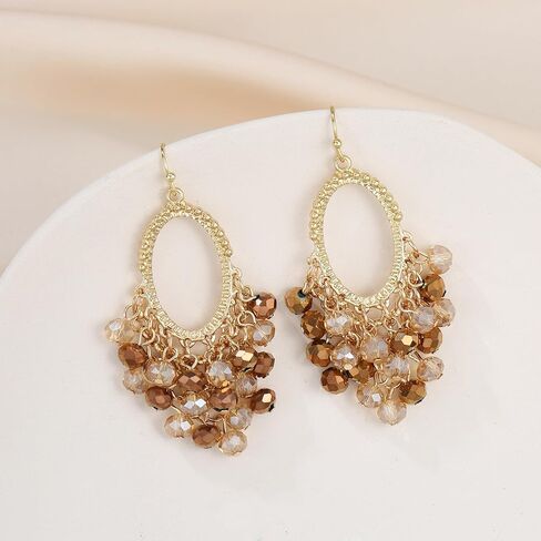 Xalroco Gold/Silver Oval Shape Dangle Earrings with Colorful Tier Beads, Vintage Handmade Geometric Drop Earrings with Crystal Beads Cluster Jewelry Gift for Women in Saudi Arabia