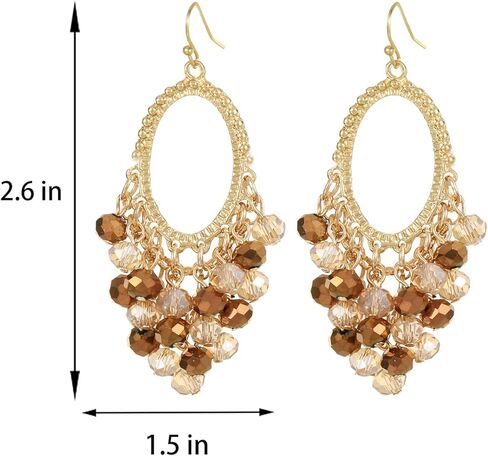 Xalroco Gold/Silver Oval Shape Dangle Earrings with Colorful Tier Beads, Vintage Handmade Geometric Drop Earrings with Crystal Beads Cluster Jewelry Gift for Women in Saudi Arabia