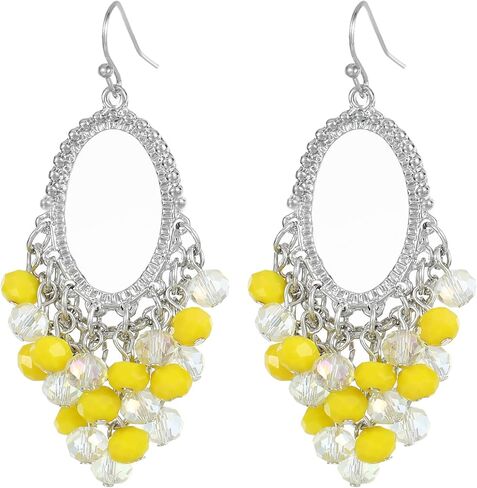 Xalroco Gold/Silver Oval Shape Dangle Earrings with Colorful Tier Beads, Vintage Handmade Geometric Drop Earrings with Crystal Beads Cluster Jewelry Gift for Women in Saudi Arabia