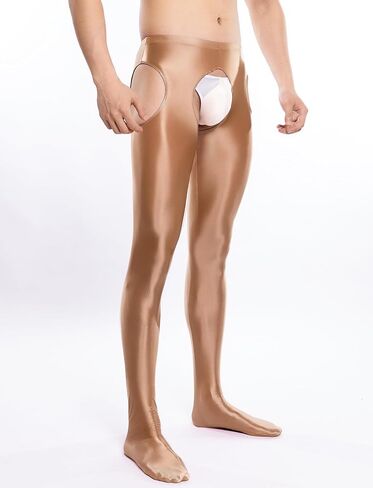SEAUR Men's Sexy Oil Glossy Tights Pants Crotchless Footed Leggings Sheer Hollow Out Pantyhose in Saudi Arabia