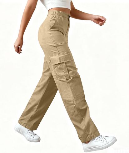 High Waisted Cargo Pants for Women 2026 Trendy Elastic Waisted Lightweight Wide Leg Baggy Pants with Pockets in Saudi Arabia