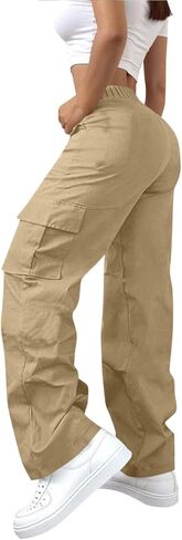 High Waisted Cargo Pants for Women 2026 Trendy Elastic Waisted Lightweight Wide Leg Baggy Pants with Pockets in Saudi Arabia