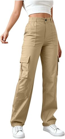 High Waisted Cargo Pants for Women 2026 Trendy Elastic Waisted Lightweight Wide Leg Baggy Pants with Pockets in Saudi Arabia