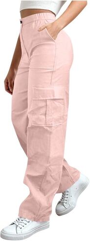 High Waisted Cargo Pants for Women 2026 Trendy Elastic Waisted Lightweight Wide Leg Baggy Pants with Pockets in Saudi Arabia