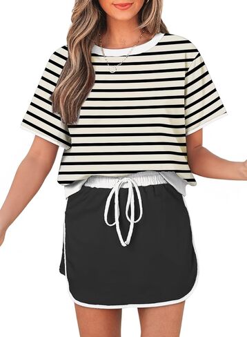 مجموعات من القطعة للسيدات من قمم الصيف غير الرسمية قصيرة الأكمام ومطابقة Skort Skort الخروج من صالة in Kuwait