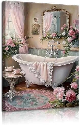 lkjhgf999 Pink Flowers Theme Bathroom Canvas Wall Art Vintage Bathtub Painting Pictures Wall Decor Floral Botanical Luxury Bathroom Prints Artwork for Toilet Restroom Home Decoration in Saudi Arabia