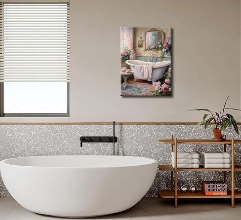 lkjhgf999 Pink Flowers Theme Bathroom Canvas Wall Art Vintage Bathtub Painting Pictures Wall Decor Floral Botanical Luxury Bathroom Prints Artwork for Toilet Restroom Home Decoration in Saudi Arabia
