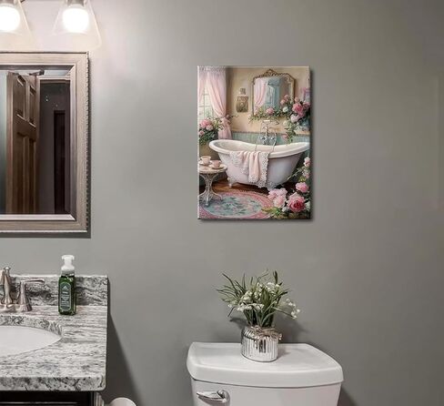 lkjhgf999 Pink Flowers Theme Bathroom Canvas Wall Art Vintage Bathtub Painting Pictures Wall Decor Floral Botanical Luxury Bathroom Prints Artwork for Toilet Restroom Home Decoration in Saudi Arabia