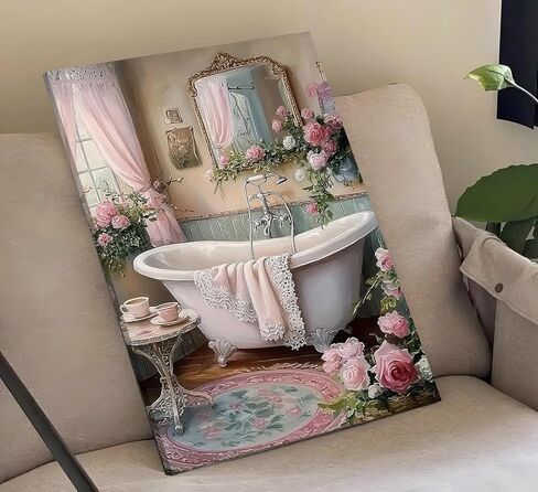 lkjhgf999 Pink Flowers Theme Bathroom Canvas Wall Art Vintage Bathtub Painting Pictures Wall Decor Floral Botanical Luxury Bathroom Prints Artwork for Toilet Restroom Home Decoration in Saudi Arabia