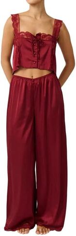 ROAONOCOMO Women Lace Trim Pajama Set Ruffle Babydoll Cami Top Wide Leg Pants Set Silk Satin 2 Piece PJ Lounge Outfit in Saudi Arabia