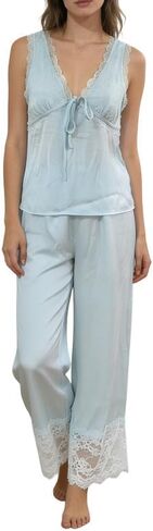 ROAONOCOMO Women Lace Trim Pajama Set Ruffle Babydoll Cami Top Wide Leg Pants Set Silk Satin 2 Piece PJ Lounge Outfit in Saudi Arabia