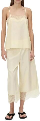 ROAONOCOMO Women Lace Trim Pajama Set Ruffle Babydoll Cami Top Wide Leg Pants Set Silk Satin 2 Piece PJ Lounge Outfit in Saudi Arabia