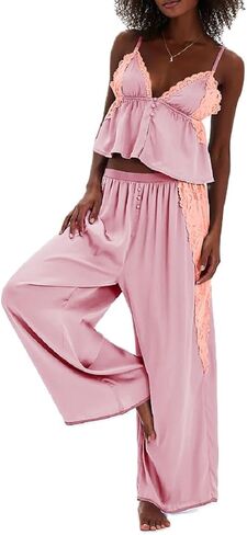 ROAONOCOMO Women Lace Trim Pajama Set Ruffle Babydoll Cami Top Wide Leg Pants Set Silk Satin 2 Piece PJ Lounge Outfit in Saudi Arabia