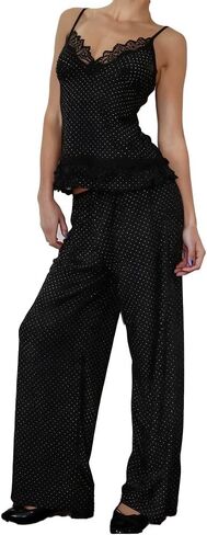 ROAONOCOMO Women Lace Trim Pajama Set Ruffle Babydoll Cami Top Wide Leg Pants Set Silk Satin 2 Piece PJ Lounge Outfit in Saudi Arabia