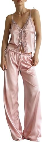 ROAONOCOMO Women Lace Trim Pajama Set Ruffle Babydoll Cami Top Wide Leg Pants Set Silk Satin 2 Piece PJ Lounge Outfit in Saudi Arabia