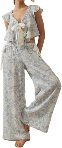 ROAONOCOMO Women Lace Trim Pajama Set Ruffle Babydoll Cami Top Wide Leg Pants Set Silk Satin 2 Piece PJ Lounge Outfit in Saudi Arabia