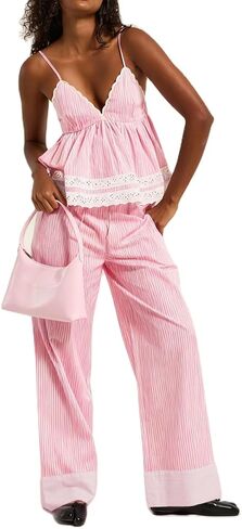 ROAONOCOMO Women Lace Trim Pajama Set Ruffle Babydoll Cami Top Wide Leg Pants Set Silk Satin 2 Piece PJ Lounge Outfit in Saudi Arabia