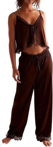 ROAONOCOMO Women Lace Trim Pajama Set Ruffle Babydoll Cami Top Wide Leg Pants Set Silk Satin 2 Piece PJ Lounge Outfit in Saudi Arabia