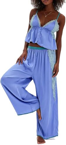 ROAONOCOMO Women Lace Trim Pajama Set Ruffle Babydoll Cami Top Wide Leg Pants Set Silk Satin 2 Piece PJ Lounge Outfit in Saudi Arabia