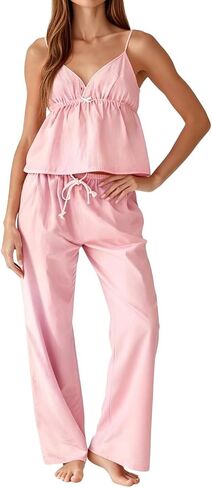 ROAONOCOMO Women Lace Trim Pajama Set Ruffle Babydoll Cami Top Wide Leg Pants Set Silk Satin 2 Piece PJ Lounge Outfit in Saudi Arabia