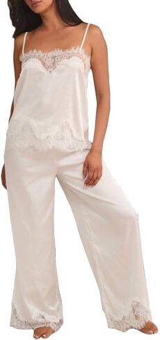 ROAONOCOMO Women Lace Trim Pajama Set Ruffle Babydoll Cami Top Wide Leg Pants Set Silk Satin 2 Piece PJ Lounge Outfit in Saudi Arabia