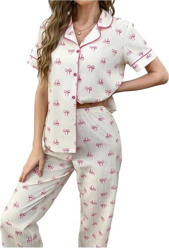 SHENHE Women's Bow Pajamas 2 Piece Short Sleeve Button Down Pjs Long Pants Loungewear Set in Saudi Arabia