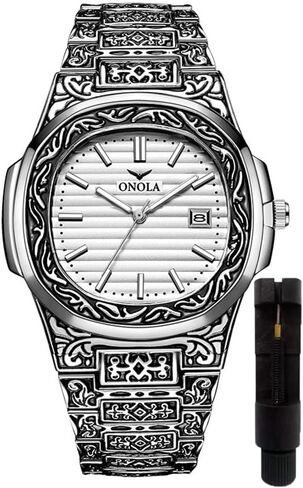 Retro Watches for Men Quartz Watches Tattoo Pattern Carved Stainless Steel Bracelet Waterproof Wrist Watch in Kuwait