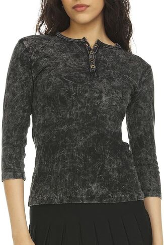 BGDK Womens 3/4 Sleeve T-Shirt Top Henley Thin Ribbed Cotton Denim Stonewash in Saudi Arabia