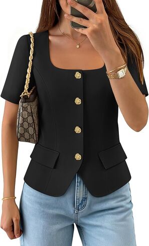 ZESICA Women's Trendy Vests Top 2026 Spring Summer Square Neck Short Sleeve Blazer Button Down Crop Casual Work Blouse in Saudi Arabia