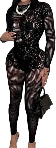 Lace Flower Long Sleeve Jumpsuit for Women, Sexy Mesh Jumpsuit See Through Bodycon Romper Party Club in Saudi Arabia