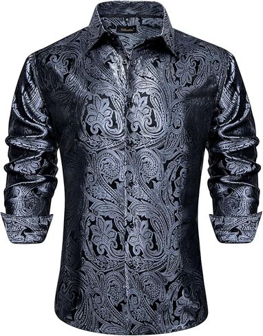 DiBanGu Mens Silk Paisley Dress Shirts,Long Sleeve Button Down Shirt Casual Regular Fit Shirt for Men Wedding Party in Saudi Arabia
